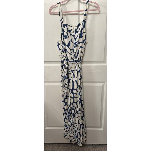 NWOT Sonoma Blue and White Belted Linen Blend  Abstract Print Pants Jumpsuit, XL - Picture 1 of 6